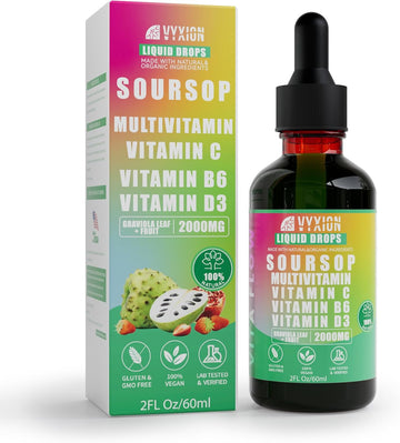 Soursop Bitters Liquid, Soursop Multivitamin Drops - 2000mg 10:1 Extract from Fruit & Leaf, Vitamin B6, C, D3, Graviola Liquid Drops | Vegan, Non-GMO | 2 Fl Oz